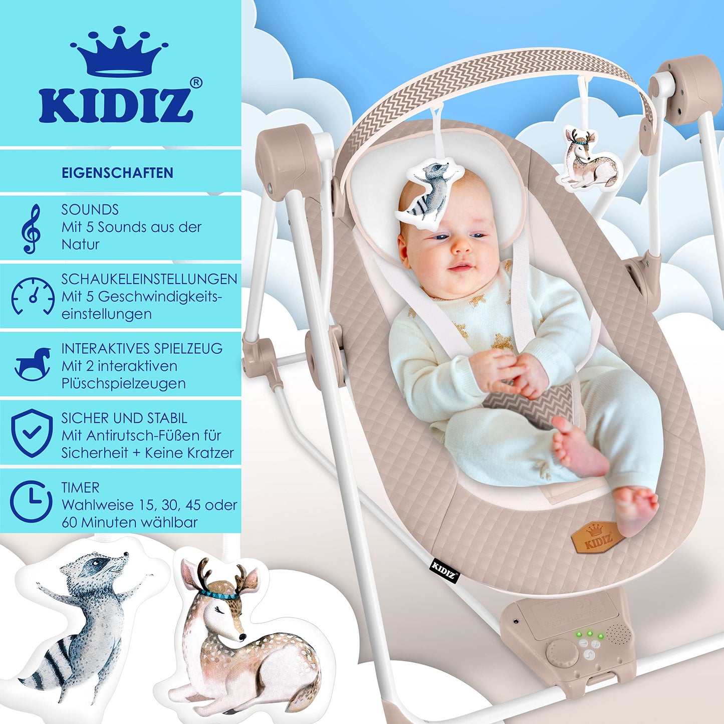 KIDIZ® Baby Rocker Baby Swing with 5 Speed Settings Foldable Baby Rocker Swing Baby High Chair with Play Arch Toys 5 Soothing Natural Sounds Newborn Anthracite