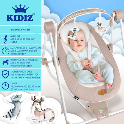 KIDIZ® Baby Rocker Baby Swing with 5 Speed Settings Foldable Baby Rocker Swing Baby High Chair with Play Arch Toys 5 Soothing Natural Sounds Newborn Anthracite