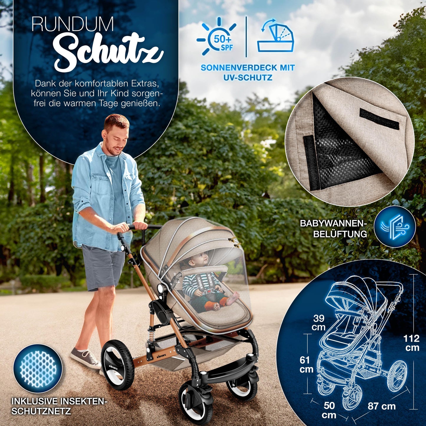 KIDUKU® 3 in 1 Kinderwagen Komplettset | Kombikinderwagen Set inkl. Babywanne & Buggy Sportsitz & Auto-Babyschale Fußsack | Vollgummireifen Wickeltasche Handwärmer Regenschutz Kindertisch ECE R129