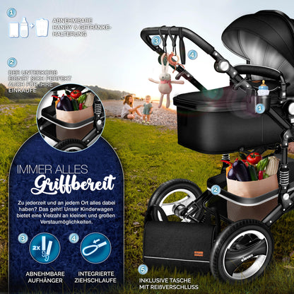KIDUKU® 3 in 1 Kinderwagen Komplettset | Kombikinderwagen Set inkl. Babywanne & Buggy Sportsitz & Auto-Babyschale Fußsack | Vollgummireifen Wickeltasche Handwärmer Regenschutz Kindertisch ECE R129
