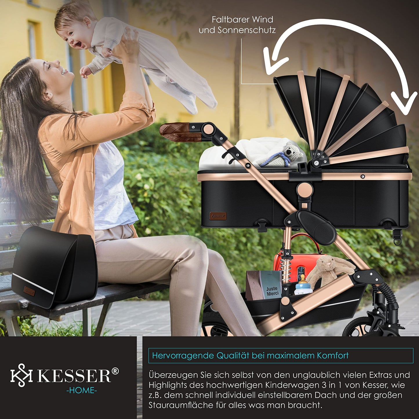 KESSER® Loops 3 in 1 Stroller Combi Stroller Complete Set including Carrycot &amp; Buggy Sports Seat &amp; Car Seat Solid Rubber Tires Changing Bag Rain Cover Children's Table ECE R129, Black/Champagne 