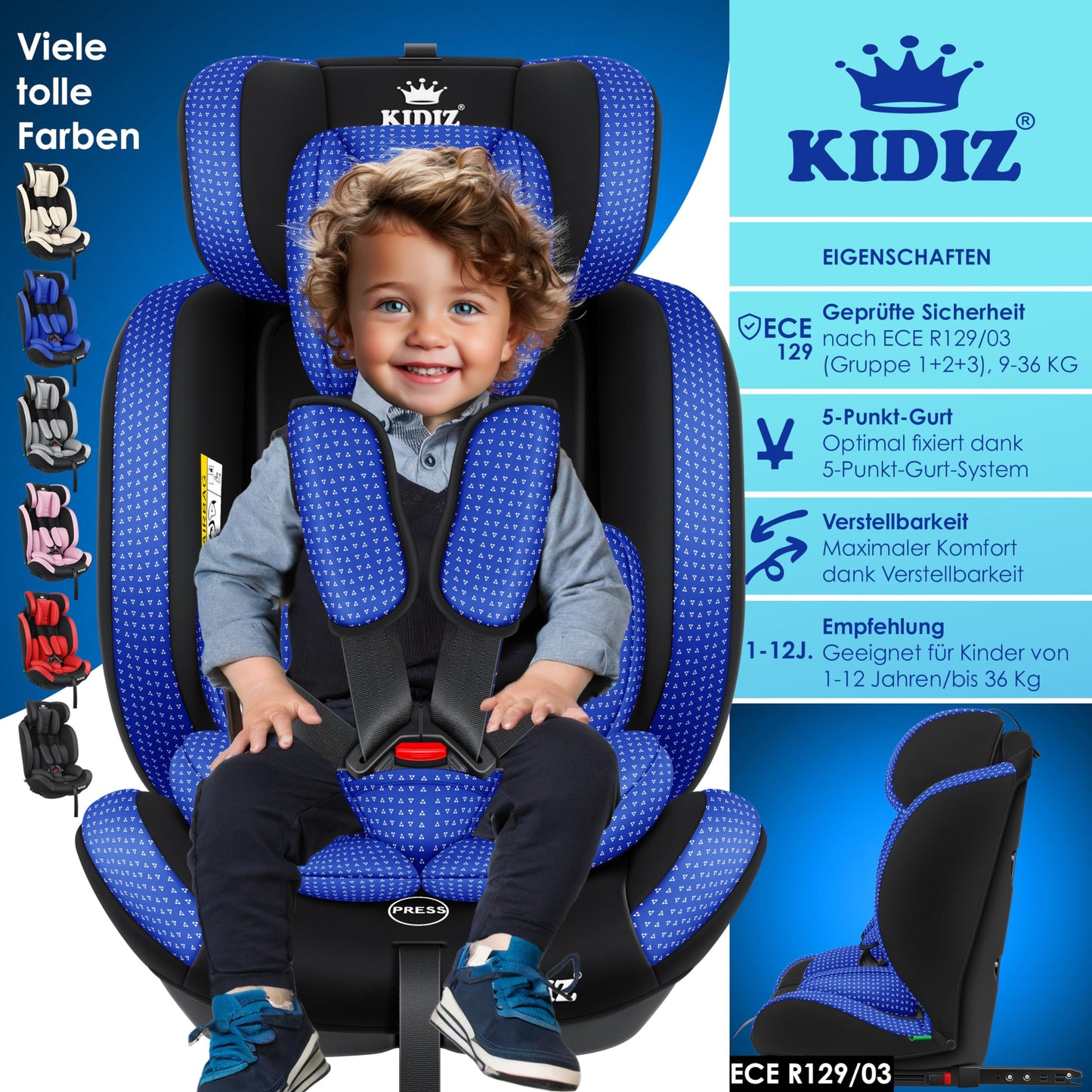 KIDIZ® Autokindersitz Triangle Premium Kindersitz Kinderautositz | Autositz Sitzschale | 9 kg - 36 kg 1-12 Jahre | Gruppe 1/2/3 | universal | zugelassen nach ECE R129/03 | mit Isofix