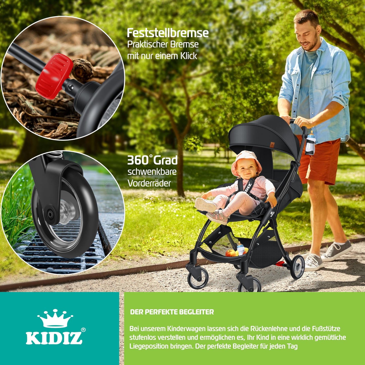 KIDIZ® Folding Pushchair, Sports Pram, 360° Wheels, 5-Point Harness, incl. Drinks Holder, Rain Cover, Adjustable Backrest and Sun Canopy, Red