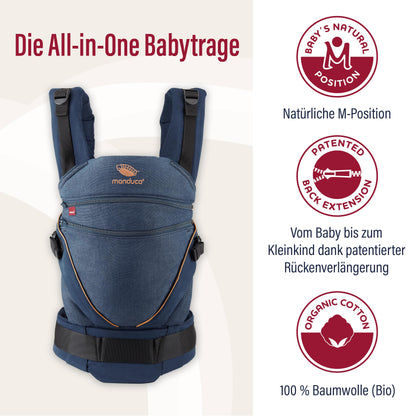 manduca XT Babytrage - Verstellbarer Sitz, der mitwächst - Vom Neugeborenen bis zum Kleinkind - Babytrage aus Bio-Baumwolle mit 3 Tragemöglichkeiten