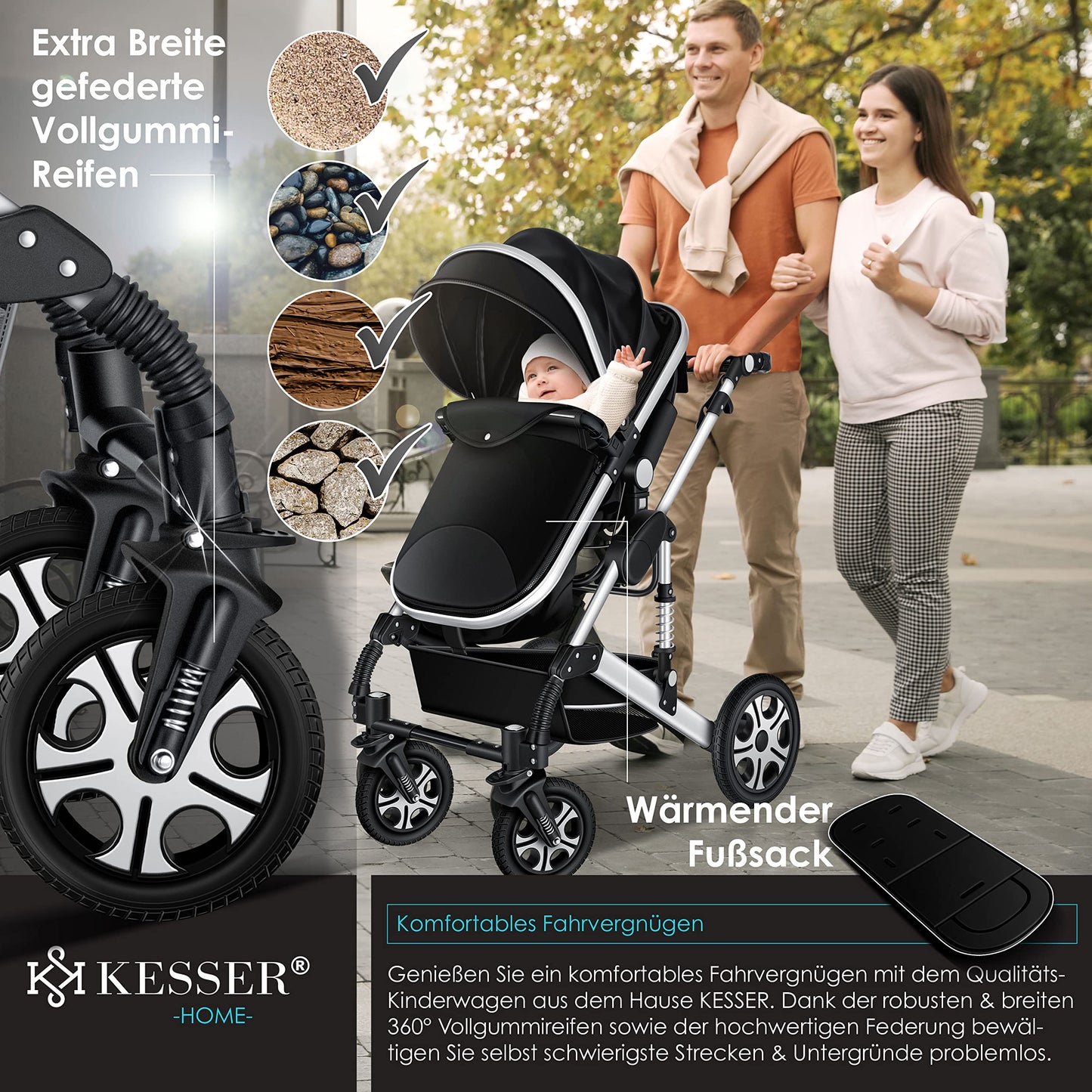 KESSER® Loops 3 in 1 Kinderwagen Kombikinderwagen Komplett-Set inkl. Babywanne & Buggy Sportsitz & Auto-Babyschale Voll-Gummireifen Wickeltasche Regenschutz Kindertisch ECE R129, Schwarz/Champagne - Meloni2