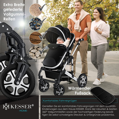 KESSER® Loops 3 in 1 Kinderwagen Kombikinderwagen Komplett-Set inkl. Babywanne & Buggy Sportsitz & Auto-Babyschale Voll-Gummireifen Wickeltasche Regenschutz Kindertisch ECE R129, Schwarz/Champagne - Meloni2