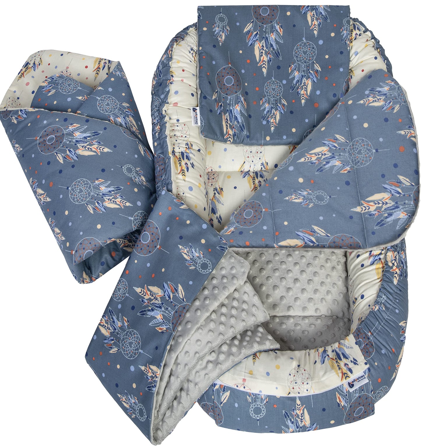 Medi Partners Babynestchen Babynest Set 100x60x15 Kuschelnest 5 teilig herausnehmbarer Einsatz Kokon Nestchen Babys Neugeborene 100% Baumwolle (REH mit Grauem Minky) - Meloni2