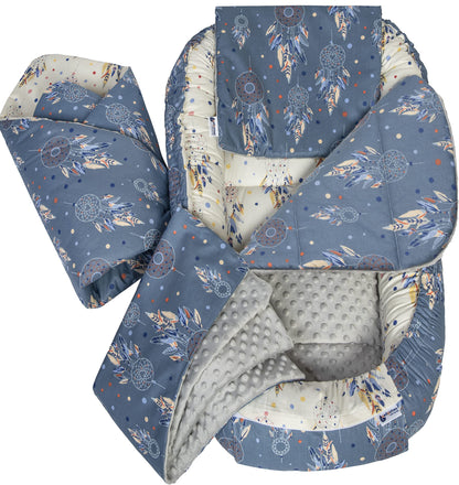 Medi Partners Babynestchen Babynest Set 100x60x15 Kuschelnest 5 teilig herausnehmbarer Einsatz Kokon Nestchen Babys Neugeborene 100% Baumwolle (REH mit Grauem Minky) - Meloni2
