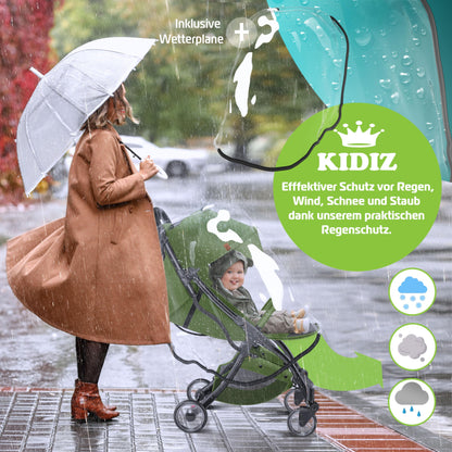 KIDIZ® Folding Pushchair, Sports Pram, 360° Wheels, 5-Point Harness, incl. Drinks Holder, Rain Cover, Adjustable Backrest and Sun Canopy, Red