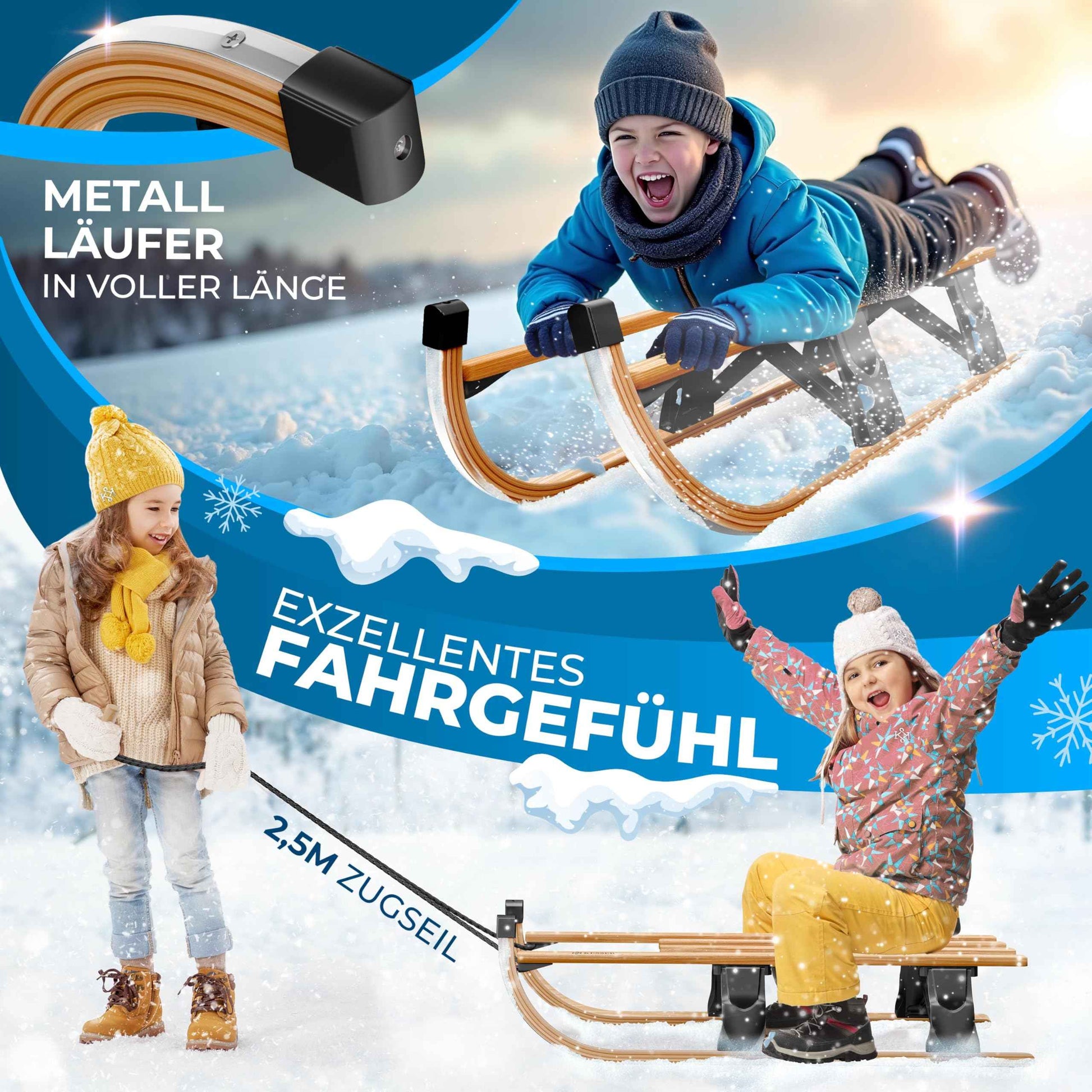 KESSER® Wooden Sledge Premium Children's Folding Sledge Made of Beech Wood Including Pull Rope Slider Metal Runners