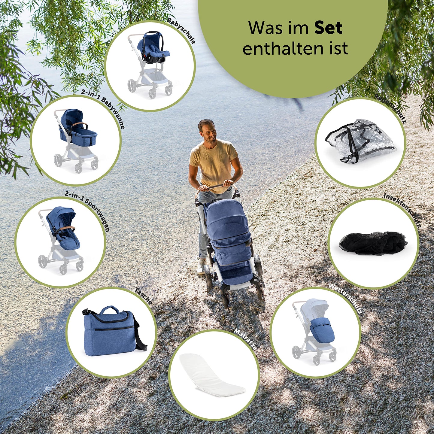 Bergsteiger Lugo 3-in-1 Pushchair Complete Set Including Accessories - Baby Seat, Buggy Attachment, Sun Protection & Weather Footmuff | Isofix Station Available