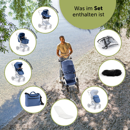 Bergsteiger Lugo 3-in-1 Pushchair Complete Set Including Accessories - Baby Seat, Buggy Attachment, Sun Protection & Weather Footmuff | Isofix Station Available