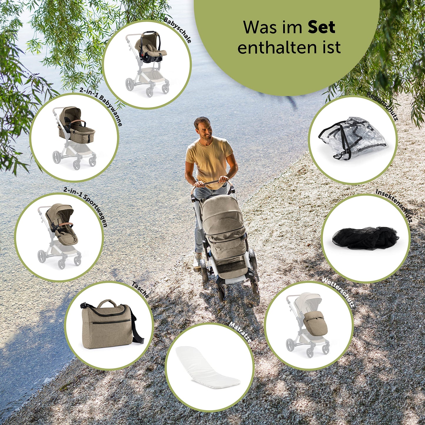 Bergsteiger Lugo 3-in-1 Pushchair Complete Set Including Accessories - Baby Seat, Buggy Attachment, Sun Protection & Weather Footmuff | Isofix Station Available