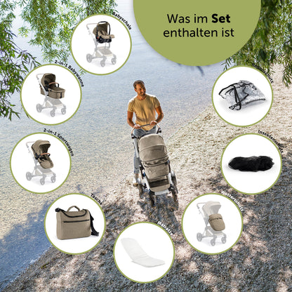 Bergsteiger Lugo 3-in-1 Pushchair Complete Set Including Accessories - Baby Seat, Buggy Attachment, Sun Protection & Weather Footmuff | Isofix Station Available