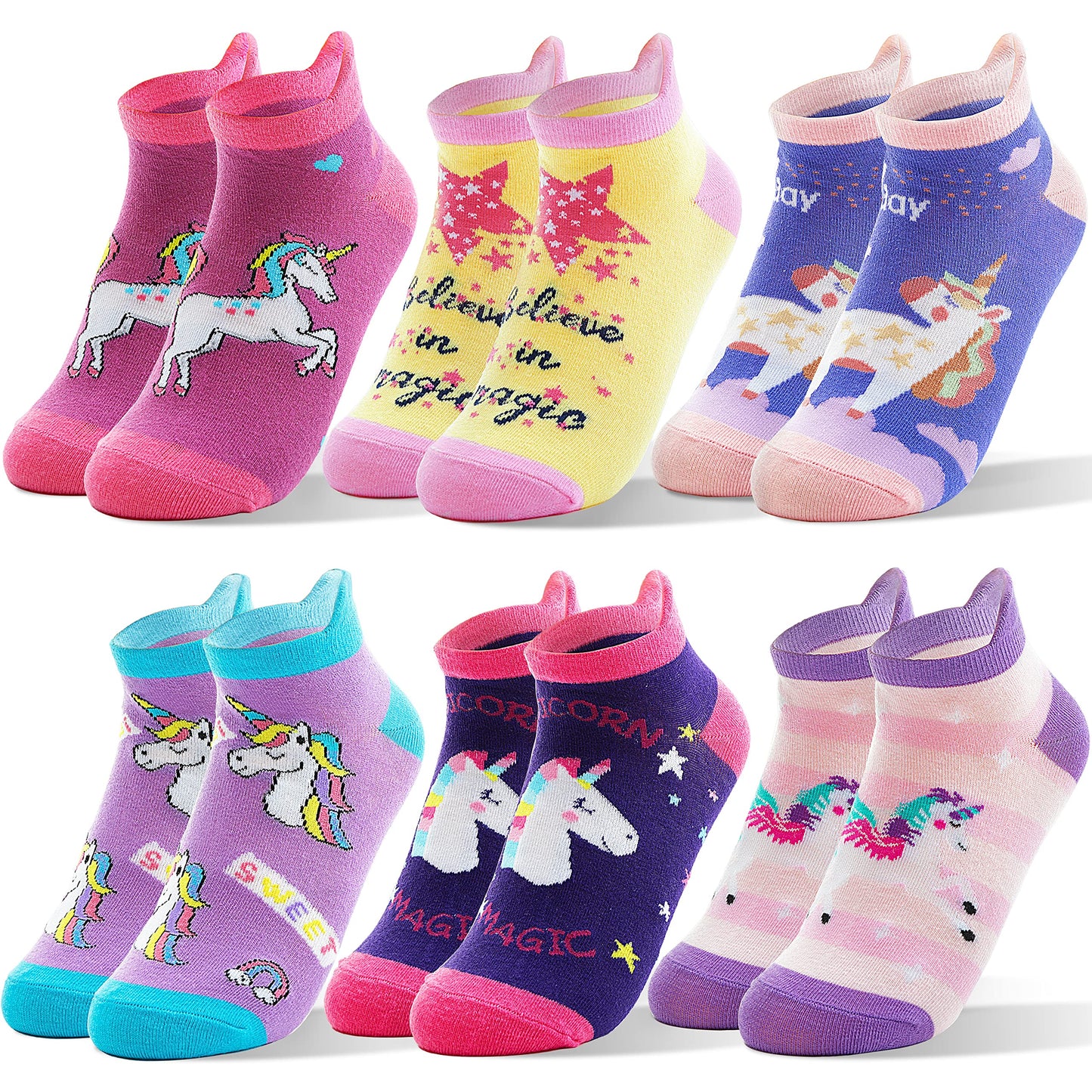 ANTSANG Kinder Lustige Socken Mädchen Sneaker Socken Kurze Einhorn Kindersocken Bunte Cartoon Baumwolle Kleinkind Socken 6 Paare