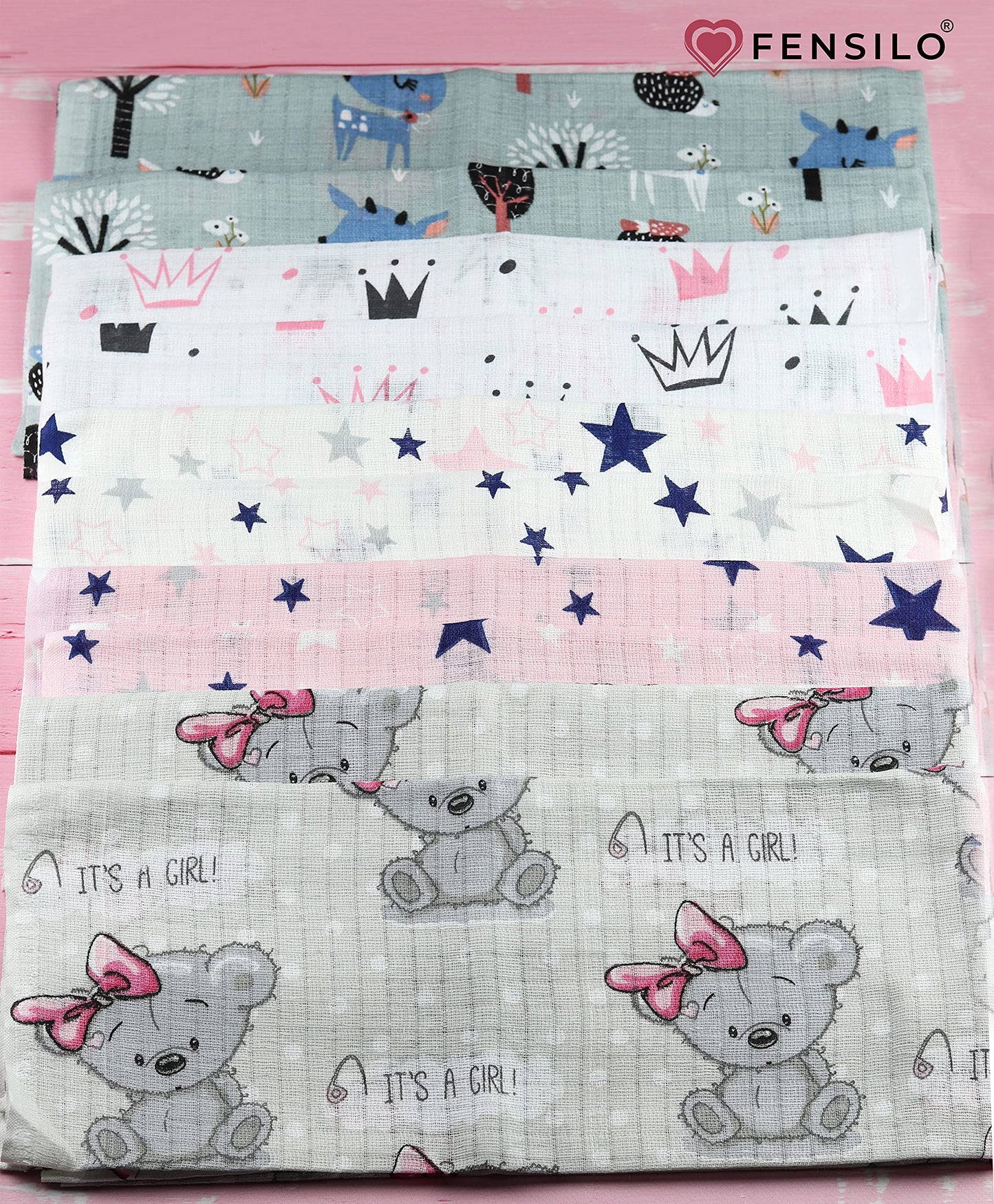 FENSILO - Mulltücher - Mullwindeln - 10er Pack 70x80 cm - Stoffwindeln, Made IN EU, schadstoffgeprüft - Spucktücher Set für Mädchen – Baby Mullwindeln- Rosa - Oeko-TEX Zertifiziert