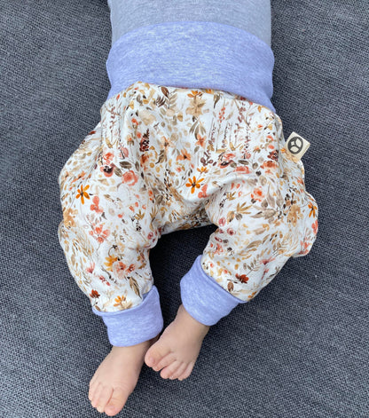 Baby Baggy Trousers, Girls' Handmade Cotton Jersey Grow Trousers, Sizes 50-74, 68-86, 92-104 (Wild Flowers, 50-74)