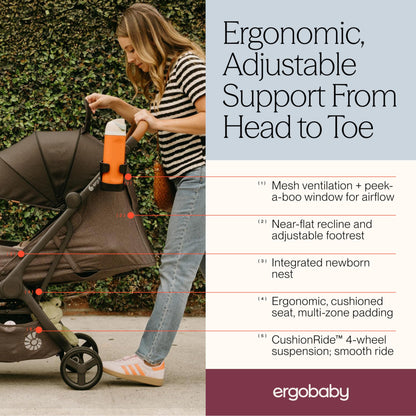 Ergobaby Metro3 Kinderwagen Buggy mit Liegefunktion, Baby-Buggy ab Geburt bis 22kg (0-4 Jahre), Zusammenklappbar und Autositz Kompatibel, höhenverstellbarer Griff, ergonomischer Sitz, Graphite Grey
