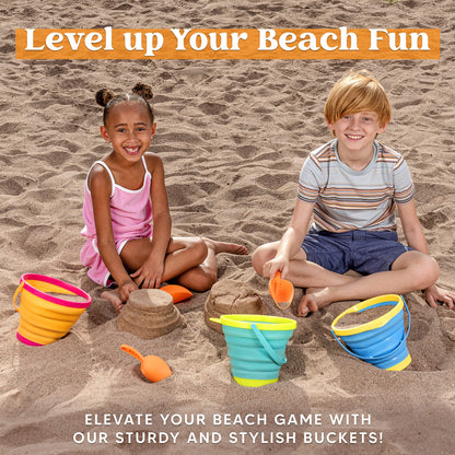 JOYIN 3 Packungen Faltbarer Eimer mit Schaufeln (Bonus-Netztasche), Faltbarer Eimer Mehrzweck für Strand, Strandausrüstung, Sandkasten Spielzeug