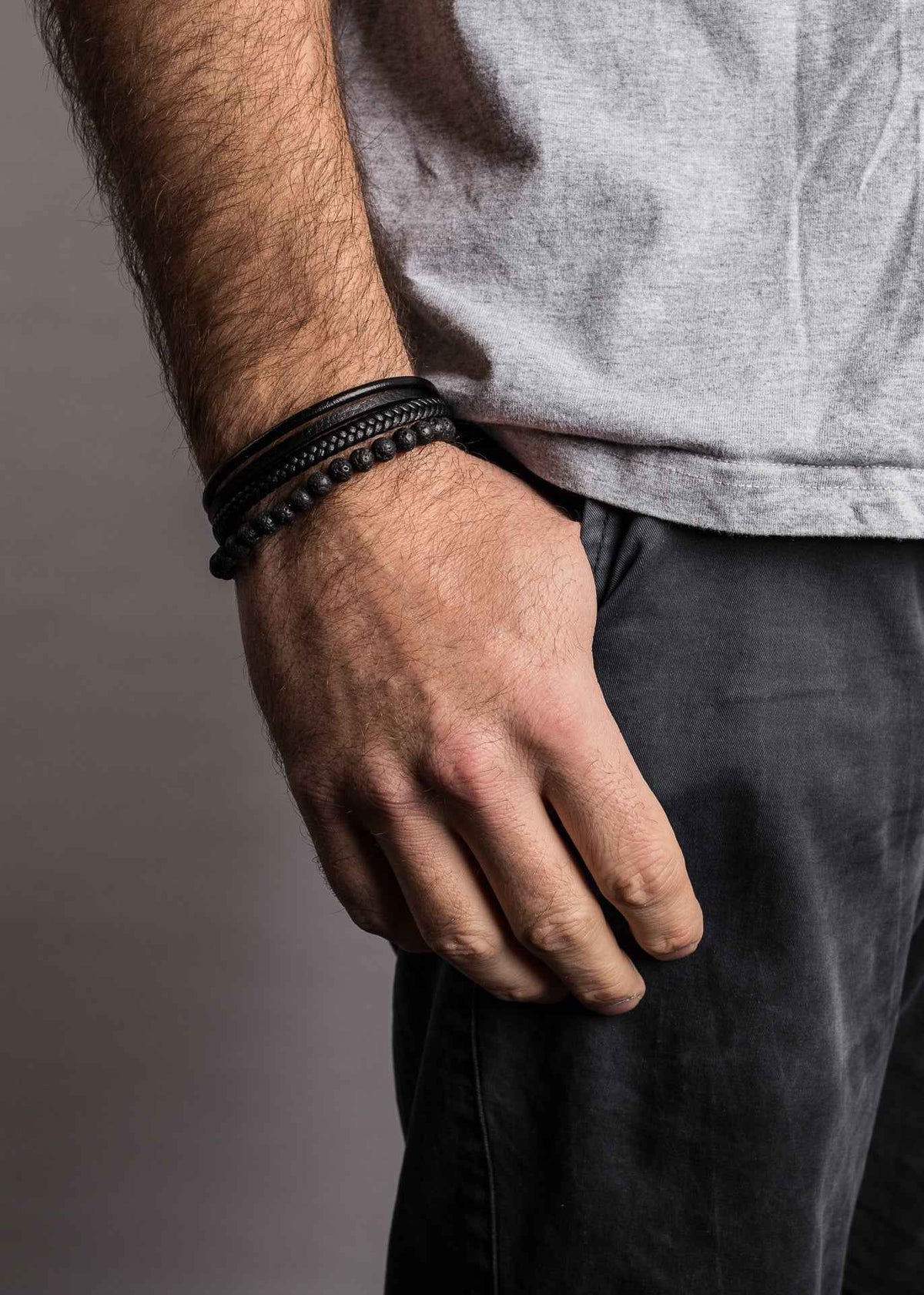 Bellum Beaded Leather Bracelet Matte Black - Black