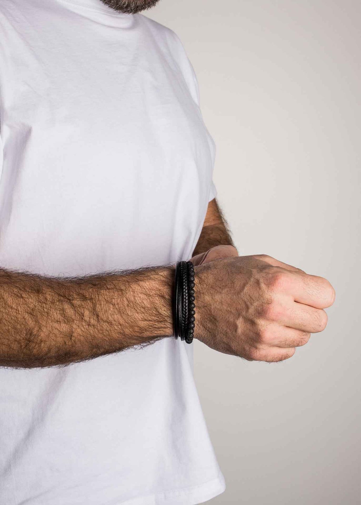 Bellum Beaded Leather Bracelet Silver - Black