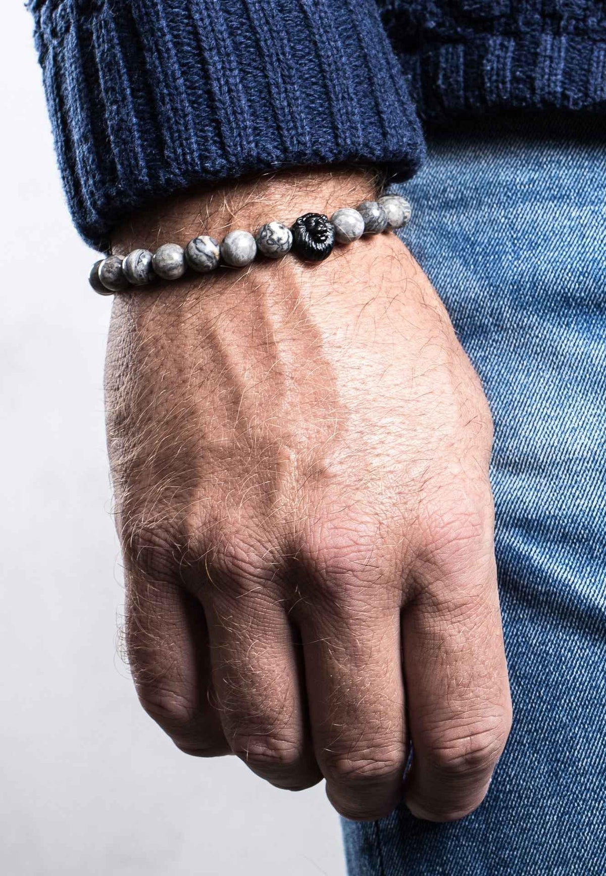 Regis Beaded Bracelet Matte Black - Grey Map Stone