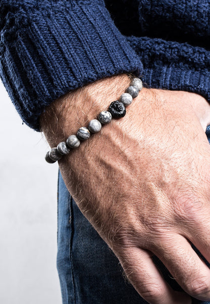 Regis Beaded Bracelet Matte Black - Grey Map Stone