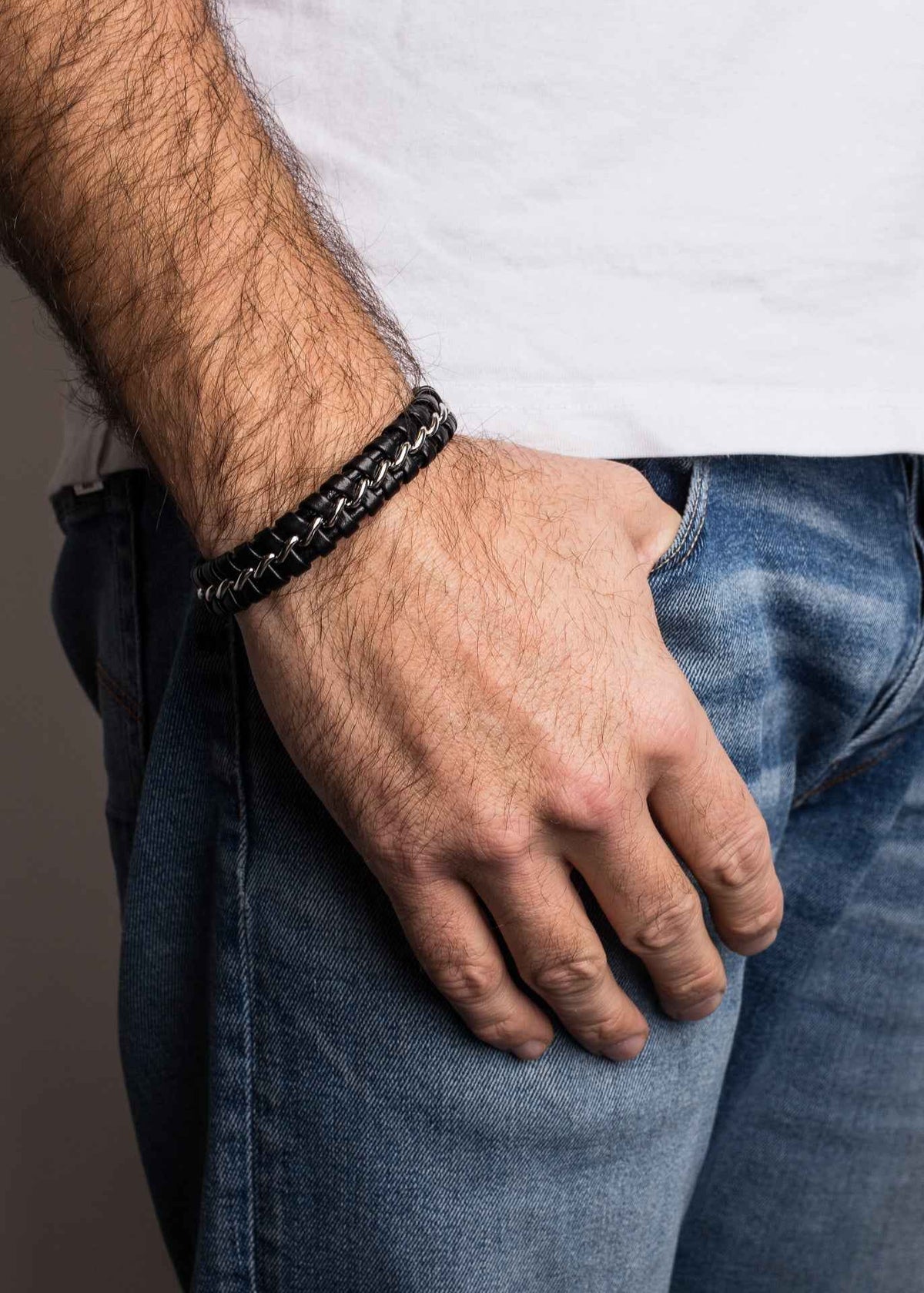 Adeptus Leather Bracelet - Silver Black