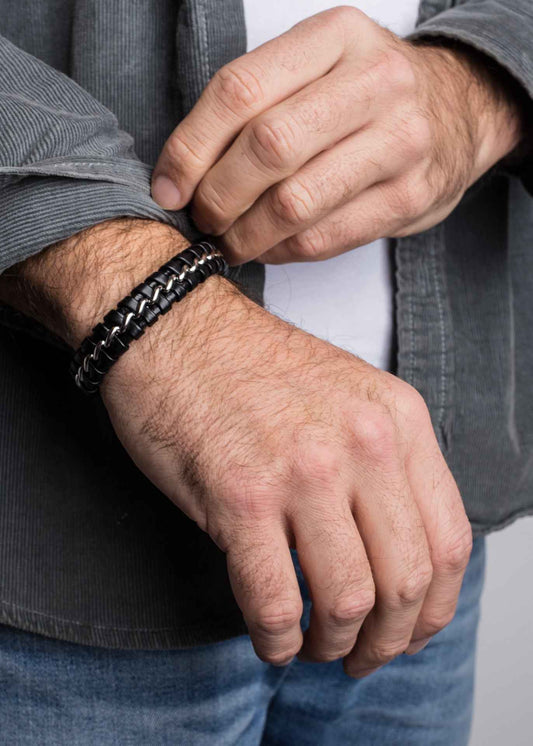 Adeptus Leather Bracelet - Silver Black
