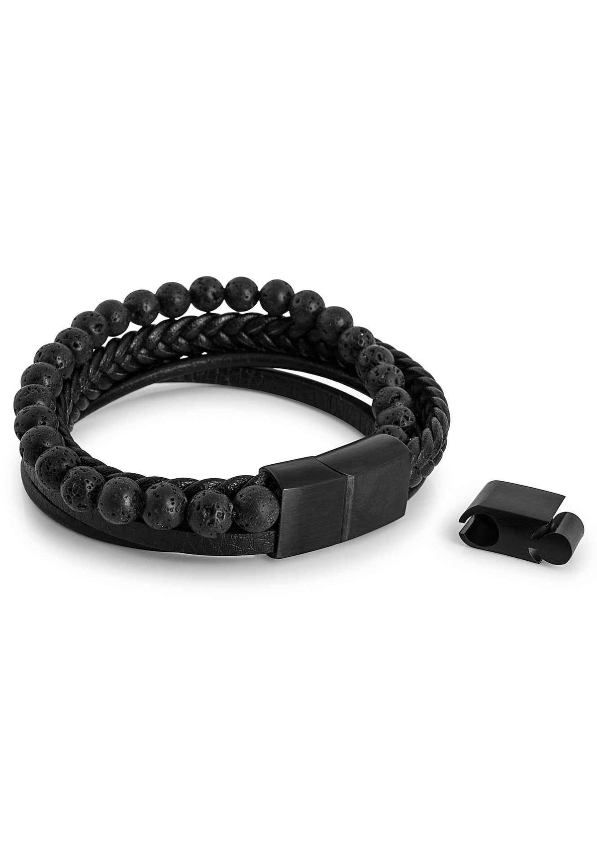 Bellum Beaded Leather Bracelet Matte Black - Black