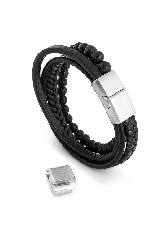 Bellum Beaded Leather Bracelet Silver - Black