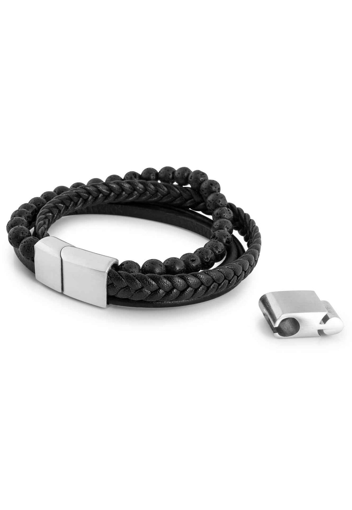 Bellum Beaded Leather Bracelet Silver - Black