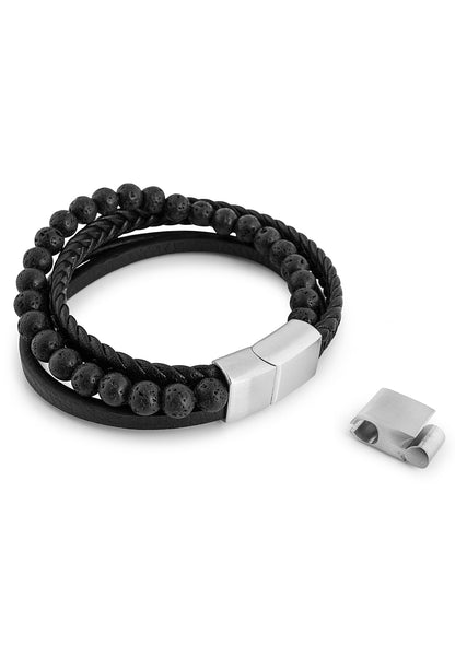 Bellum Beaded Leather Bracelet Silver - Black