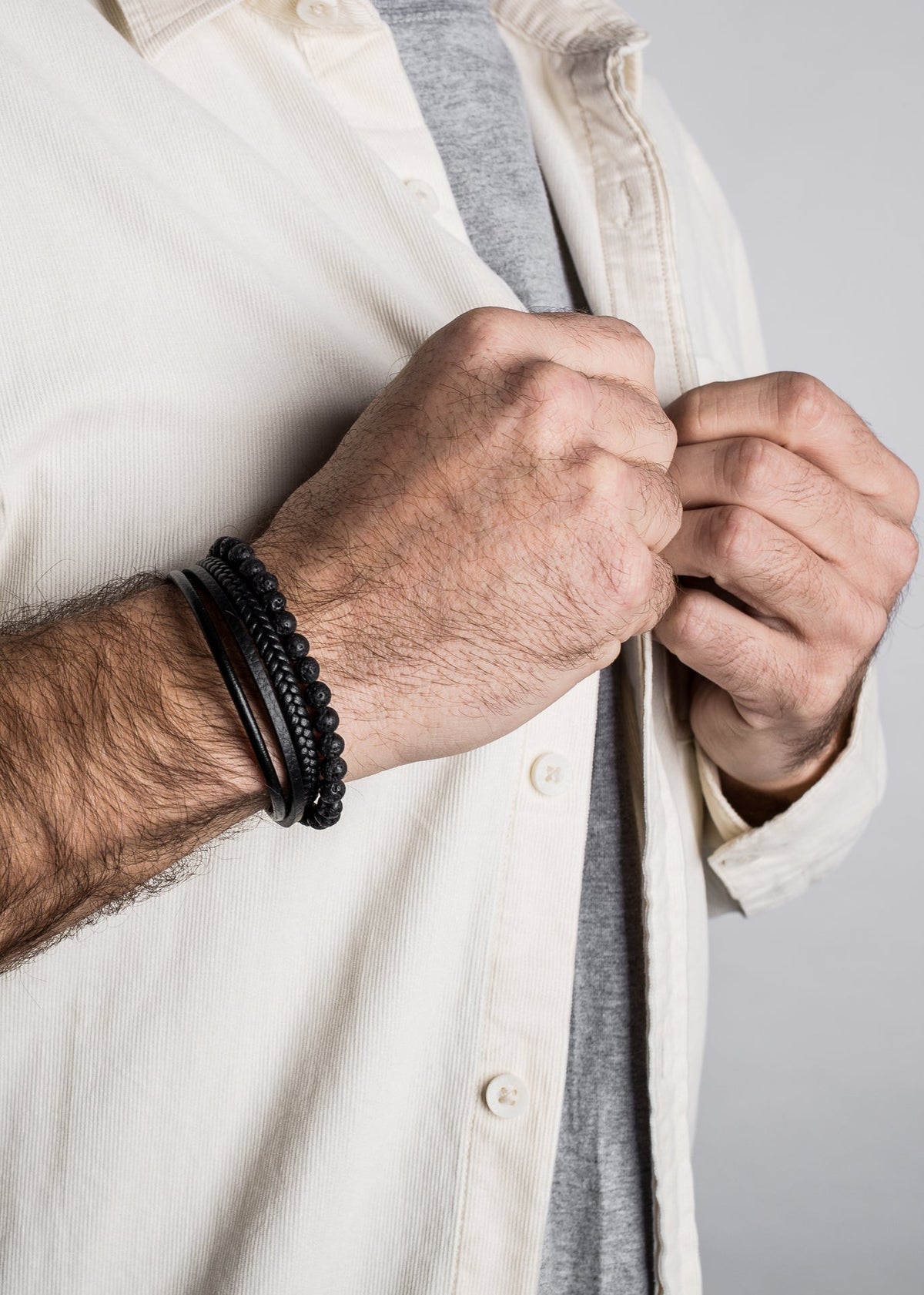 Bellum Beaded Leather Bracelet Matte Black - Black
