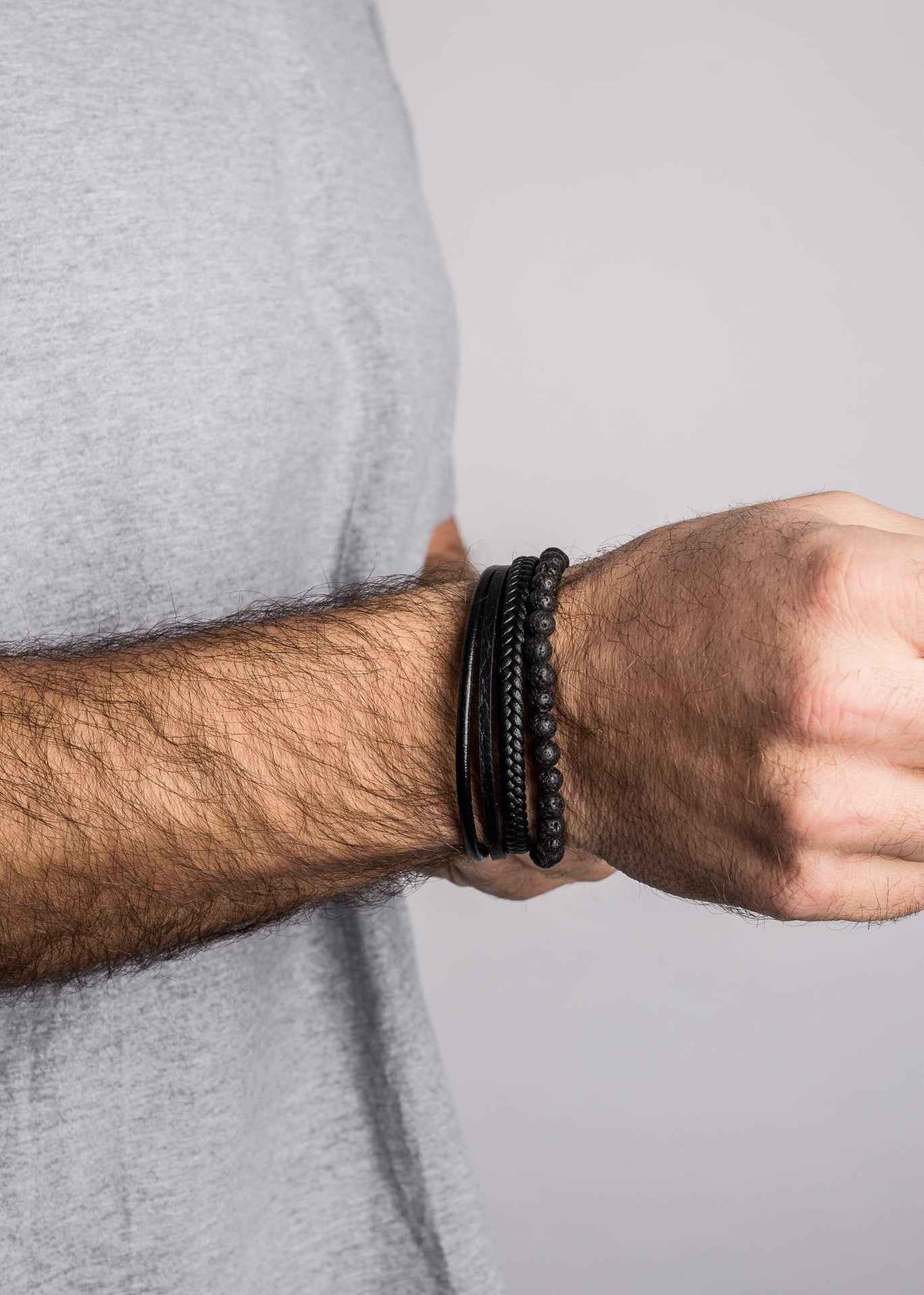 Bellum Beaded Leather Bracelet Matte Black - Black
