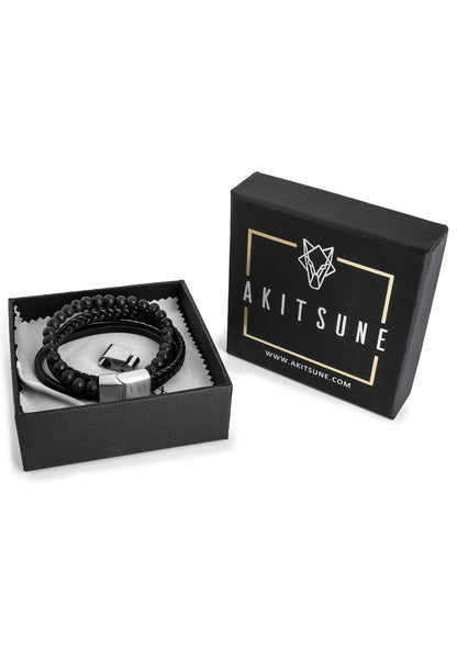 Bellum Beaded Leather Bracelet Silver - Black