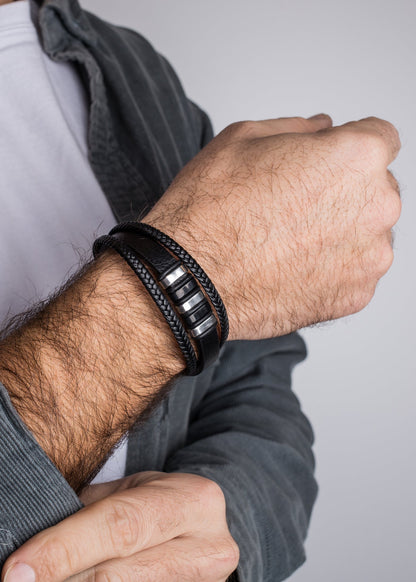 Fabula Leather Bracelet - Silver Black