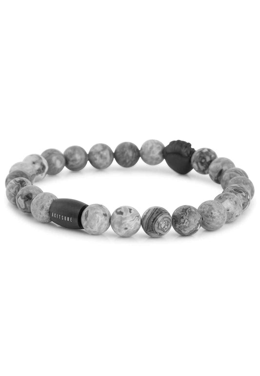 Regis Beaded Bracelet Matte Black - Grey Map Stone