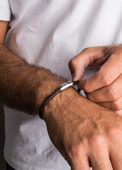 Silvus Leather Bracelet Silver - Brown