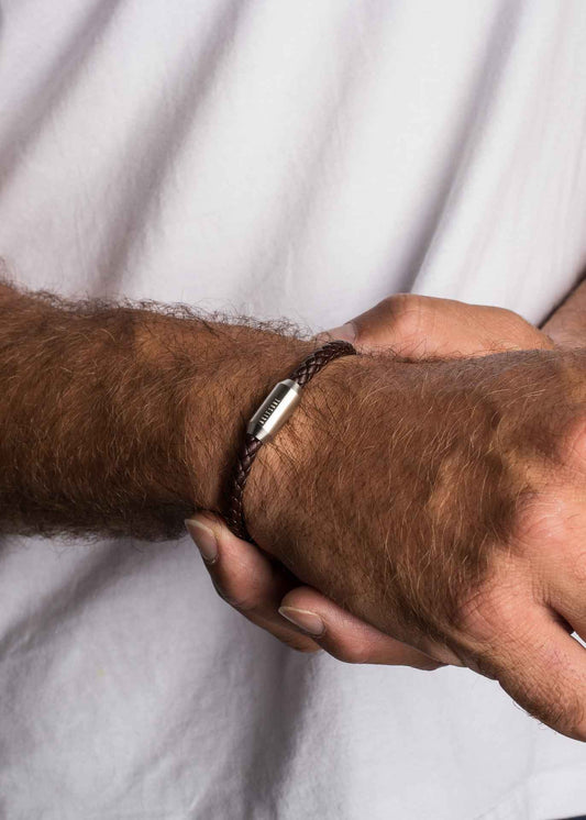 Silvus Leather Bracelet Silver - Brown