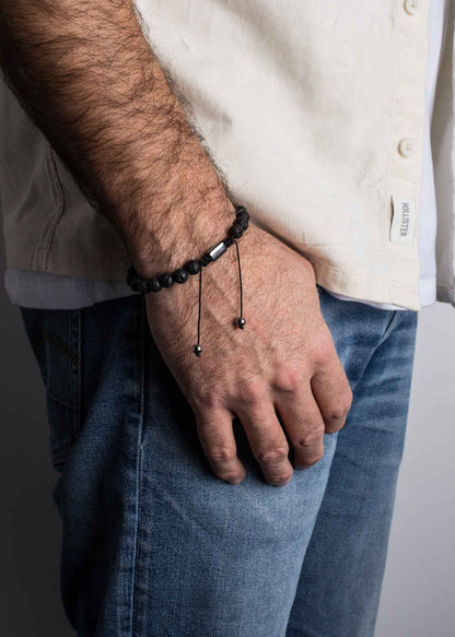Venatio Beaded Bracelet Silver-Lava Stone Black