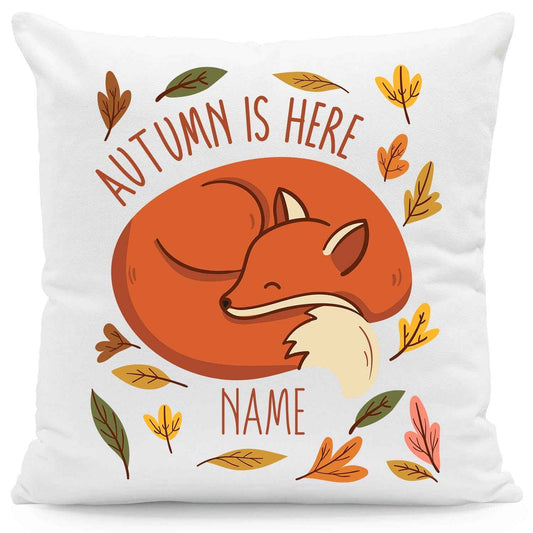 Bedrucktes Kissen mit Spruch Autumn is here mit Wunschname
