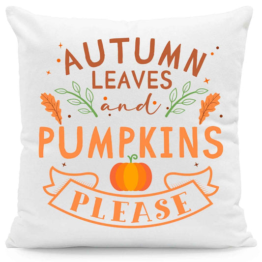 Bedrucktes Kissen mit Spruch Autumn leaves and Pumpkins please