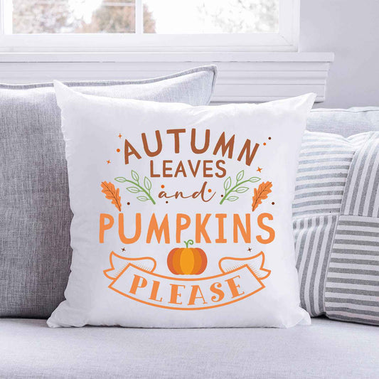 Bedrucktes Kissen mit Spruch Autumn leaves and Pumpkins please