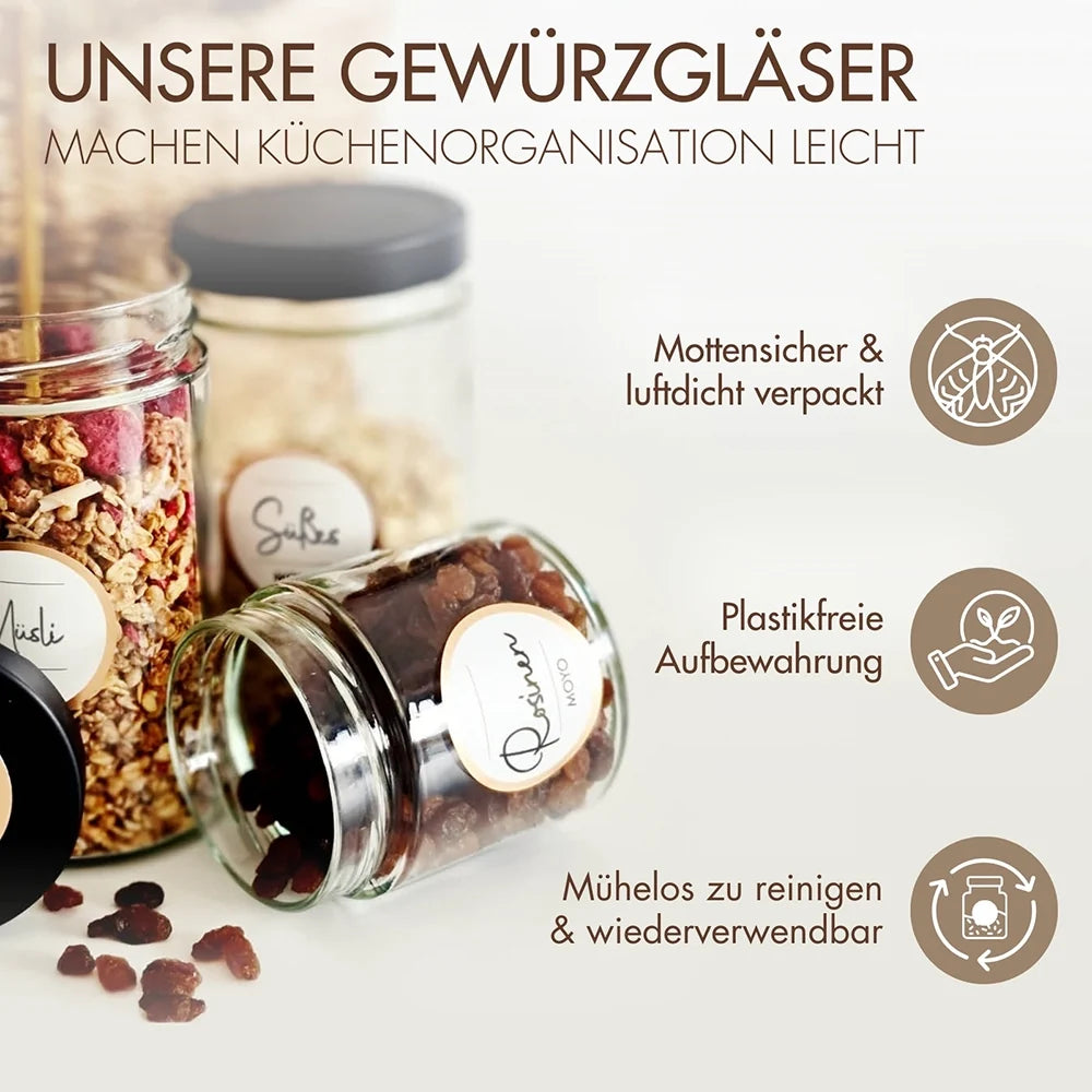 Gewürzbehälter Set 12 Stück – Vorratsgläser mit 24 matten Etiketten für die Küche