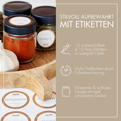 Gewürzbehälter Set 12 Stück – Vorratsgläser mit 24 matten Etiketten für die Küche