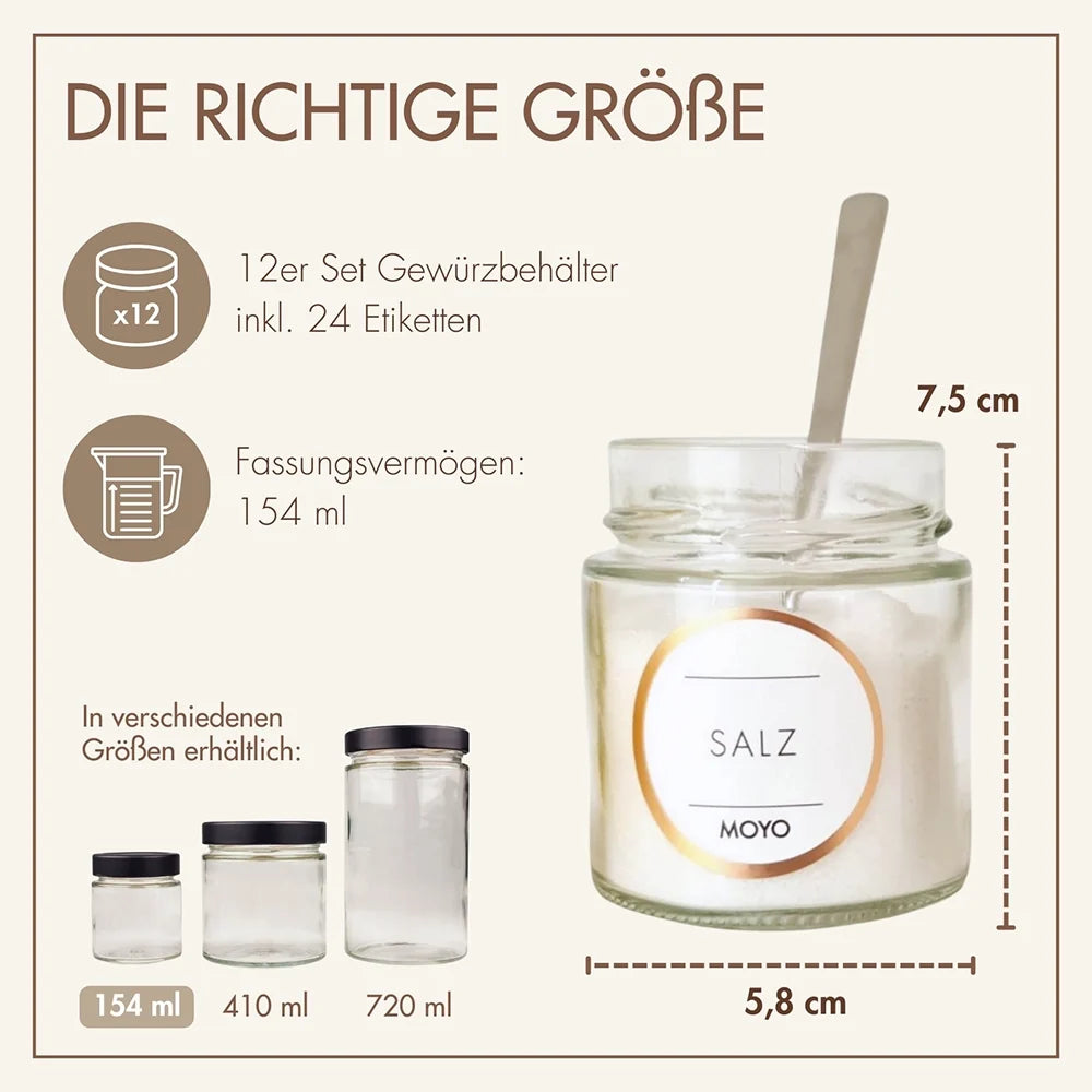 Gewürzbehälter Set 12 Stück – Vorratsgläser mit 24 matten Etiketten für die Küche