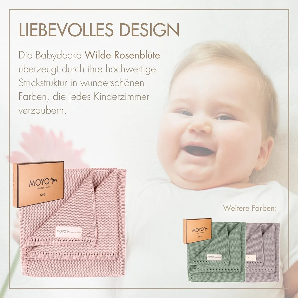Babydecke Linksstrick Pointelle „Wilde Rosenblüte“