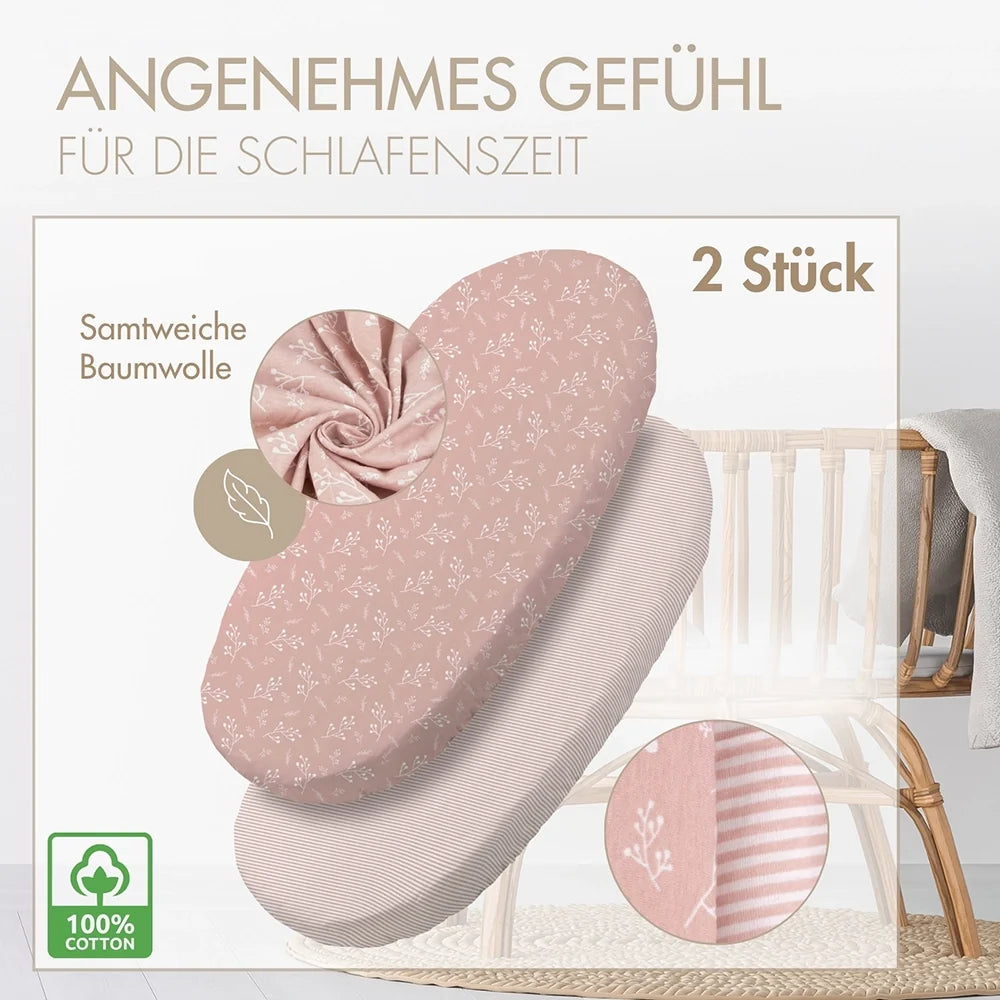 2er Set Baby Spannbettlaken Oval – „Rose Blüte“