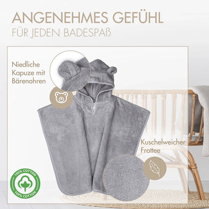 Baby Badeponcho 75x75 cm – „Grau“ mit niedlichen Bärenohren